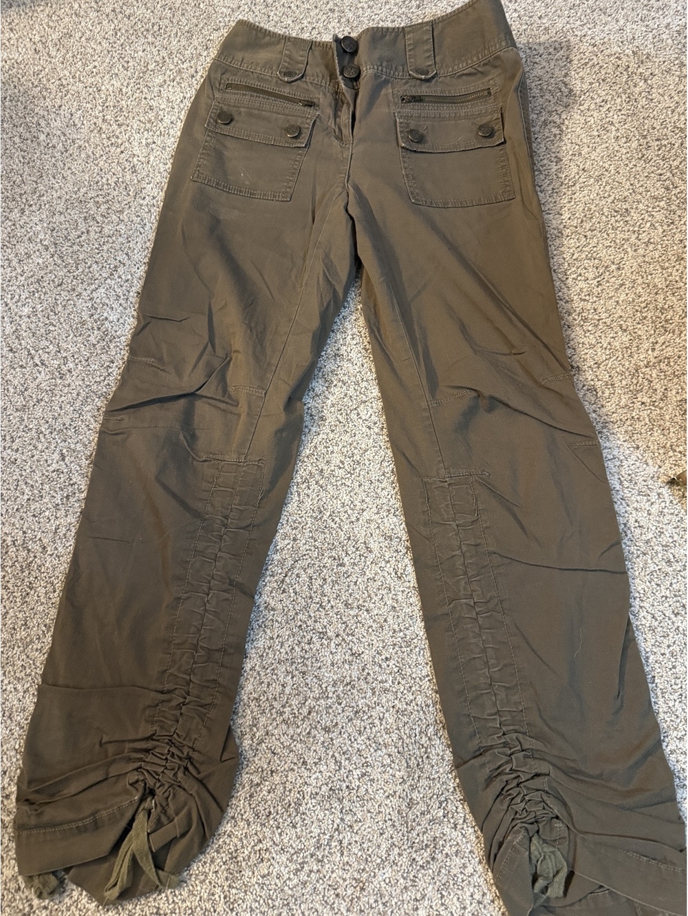 Brown Cargo Style Pants with Ruched Ankle Detail and Multiple Pockets